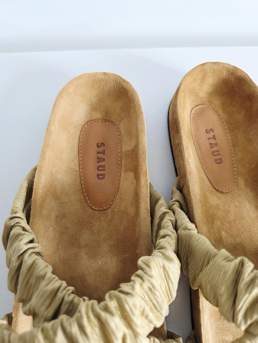 STAUD Ruched Crisscross Sandals in Tan/Beige